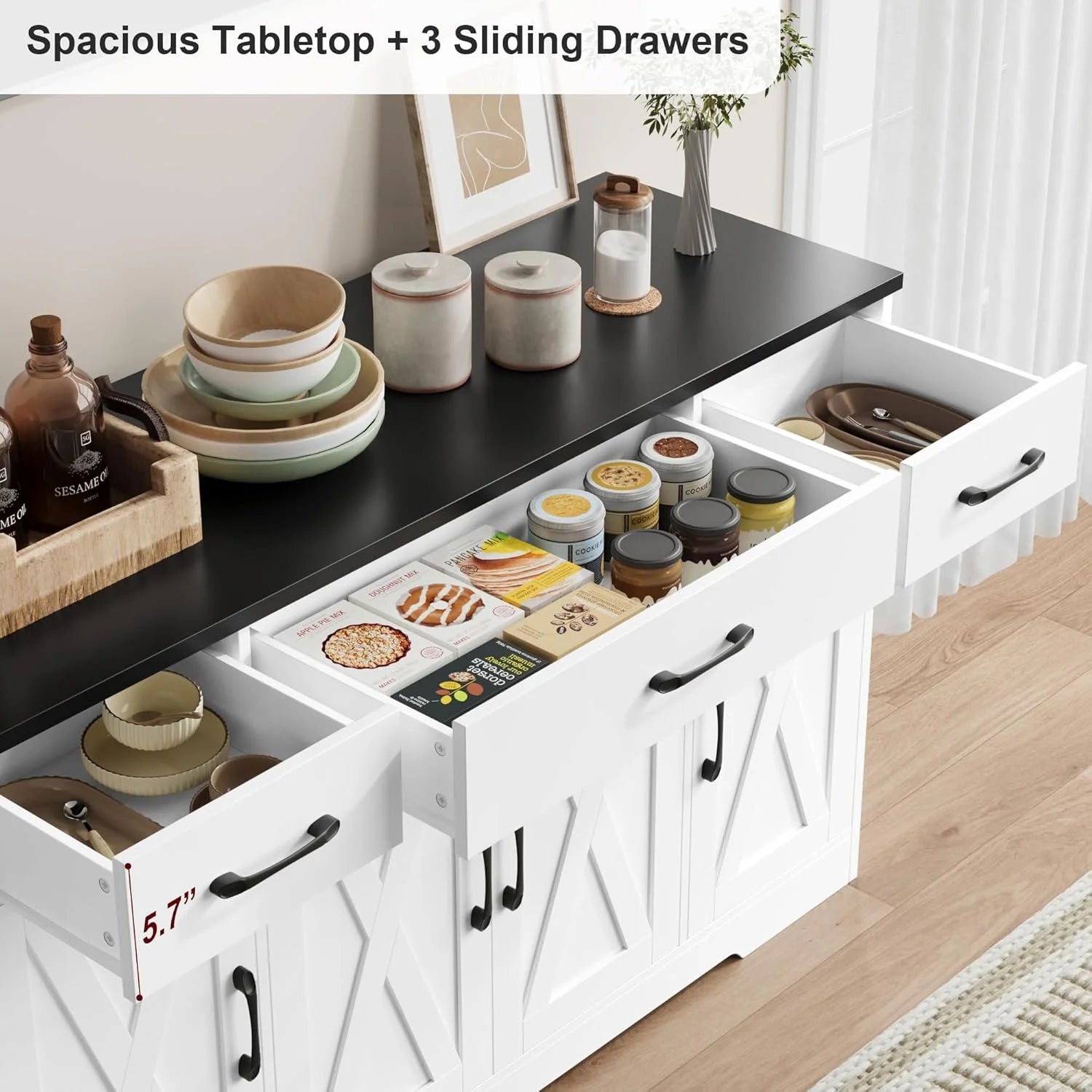 Sideboard with drawers, large 55-inch sideboard, sideboard storage with shelves and doors, modern farmhouse coffee bar wood kitchen dining table