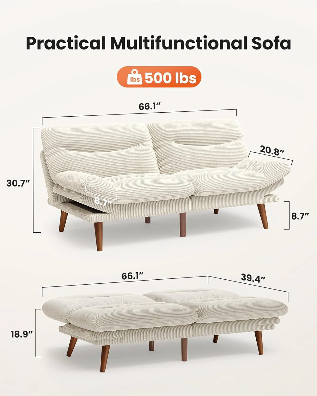 Convertible Futon Sofa Bed, 66 Inch Corduroy Futon Sofa Recliner Sofa Bed for Small Spaces, Playrooms or Offices