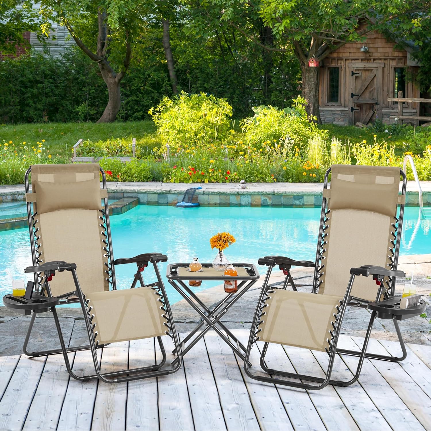 3PCS Zero Gravity Recliner Portable Outdoor Reclining Chair Set w/Side Table Folding Chaise Lounge Chairs