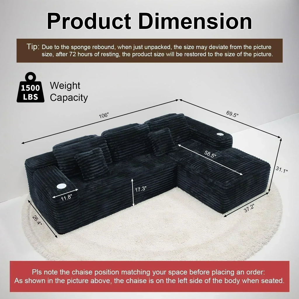 Cloud Sectional Couch with L Shape Chaise Modern Modular Sofa with Deep Seat Built in Cup Holder