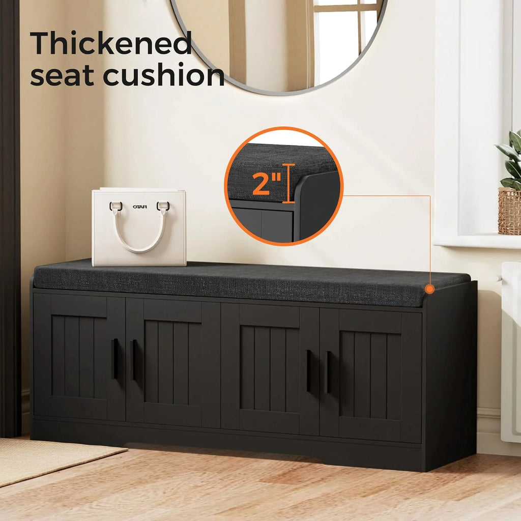 2-Tier Storage Bench, Shoe Bench with Thickened Padded Seat Cushion, Entryway Bench with 4 Doors, Adjustable Shelf