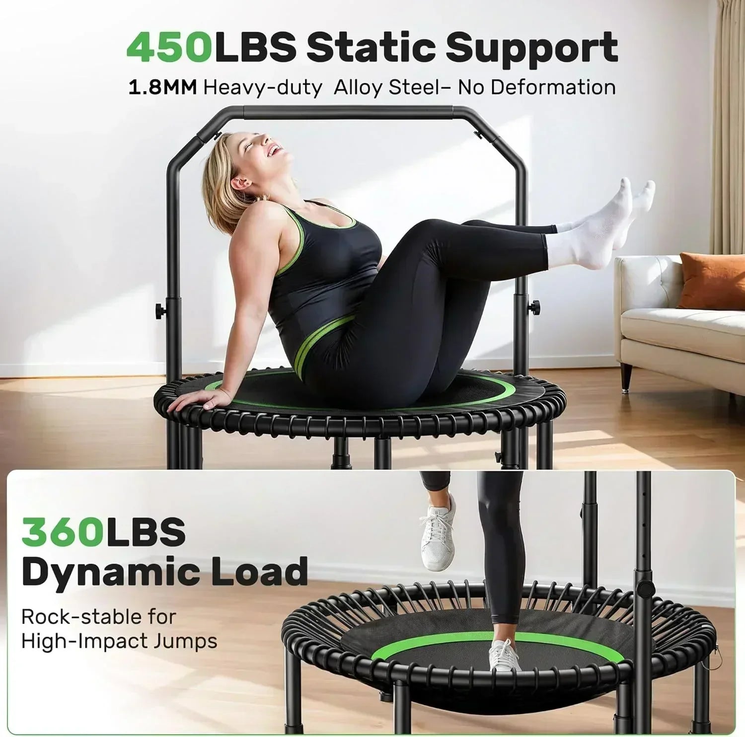 BCAN 450/550 LBS Foldable Mini Trampoline Fitness Trampoline Bungees Adjustable Foam Handle