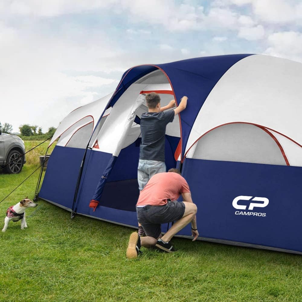 CAMPROS CP Tent 8 Person Camping Tents, Weather Resistant Family Tent, 5 Large Mesh Windows, Double Layer, Divided Curtain for Separated Room, Portable with Carry Bag