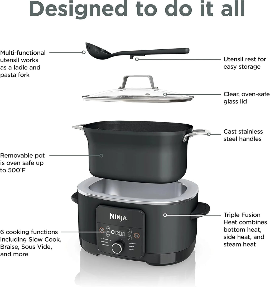 Ninja Slow Cookers 8.5-Quart Multi-Cooker with Dutch oven, steamer, glass lid with integrated spoon, nonstick and oven-safe pot