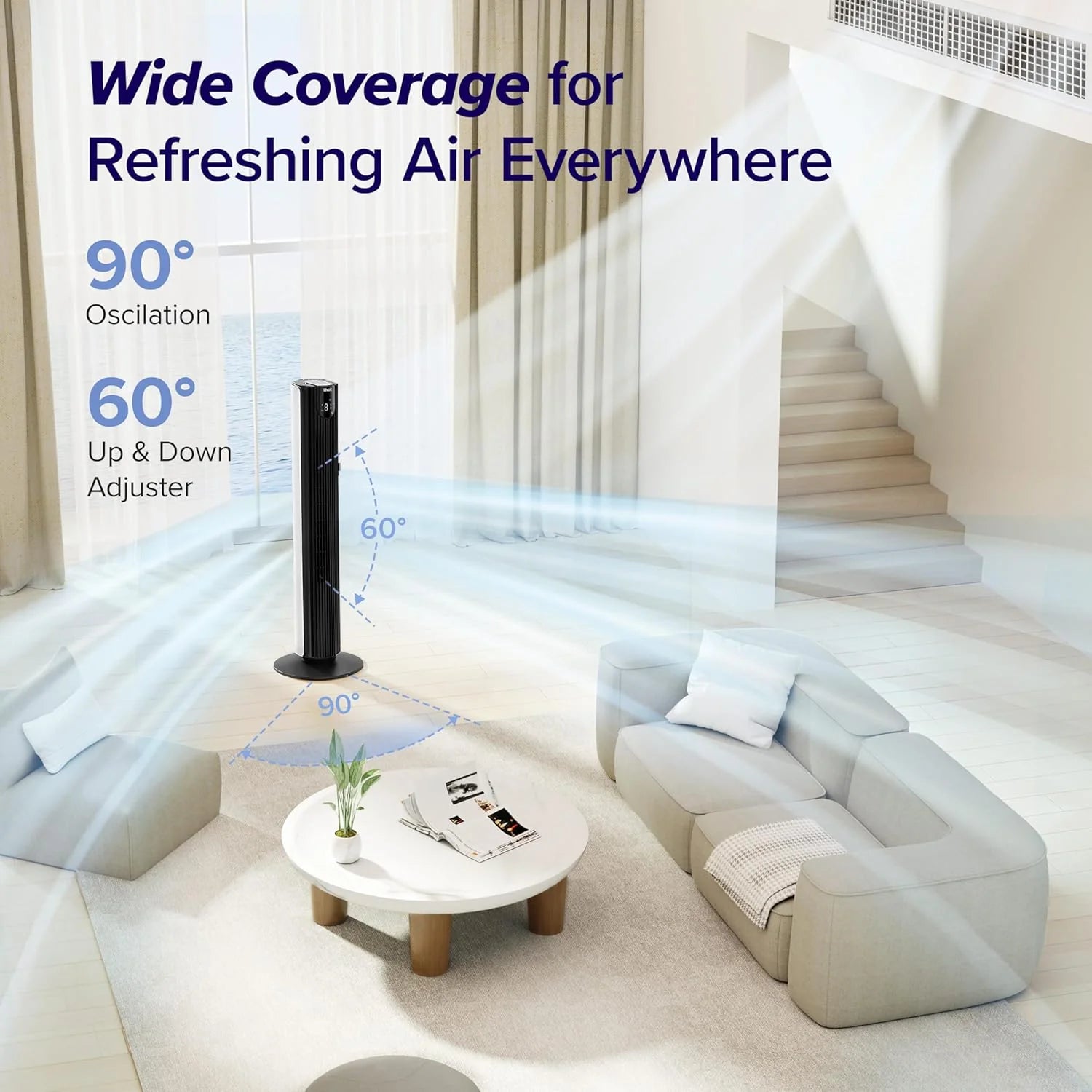LEVOIT Tower Fan for Bedroom, Standing Fan with 28dB Quiet for Sleep, Remoter, 12H Timer, 25ft/s Velocity, 5 Speeds, 4 Modes, 90° Oscillation for Home, Office, Indoor, Bladeless 36 inch, White