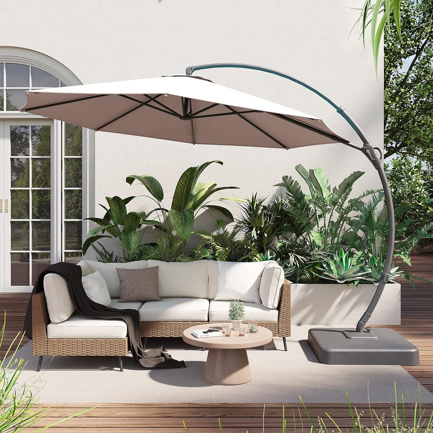 LAUSAINT HOME Outdoor Patio Umbrella with Base included, 11 FT Deluxe Curvy Cantilever Umbrella Heavy Duty Offset Hanging Umbrella with 360° Rotation for Market, Pool, Garden, Backyard, Deck (Beige)