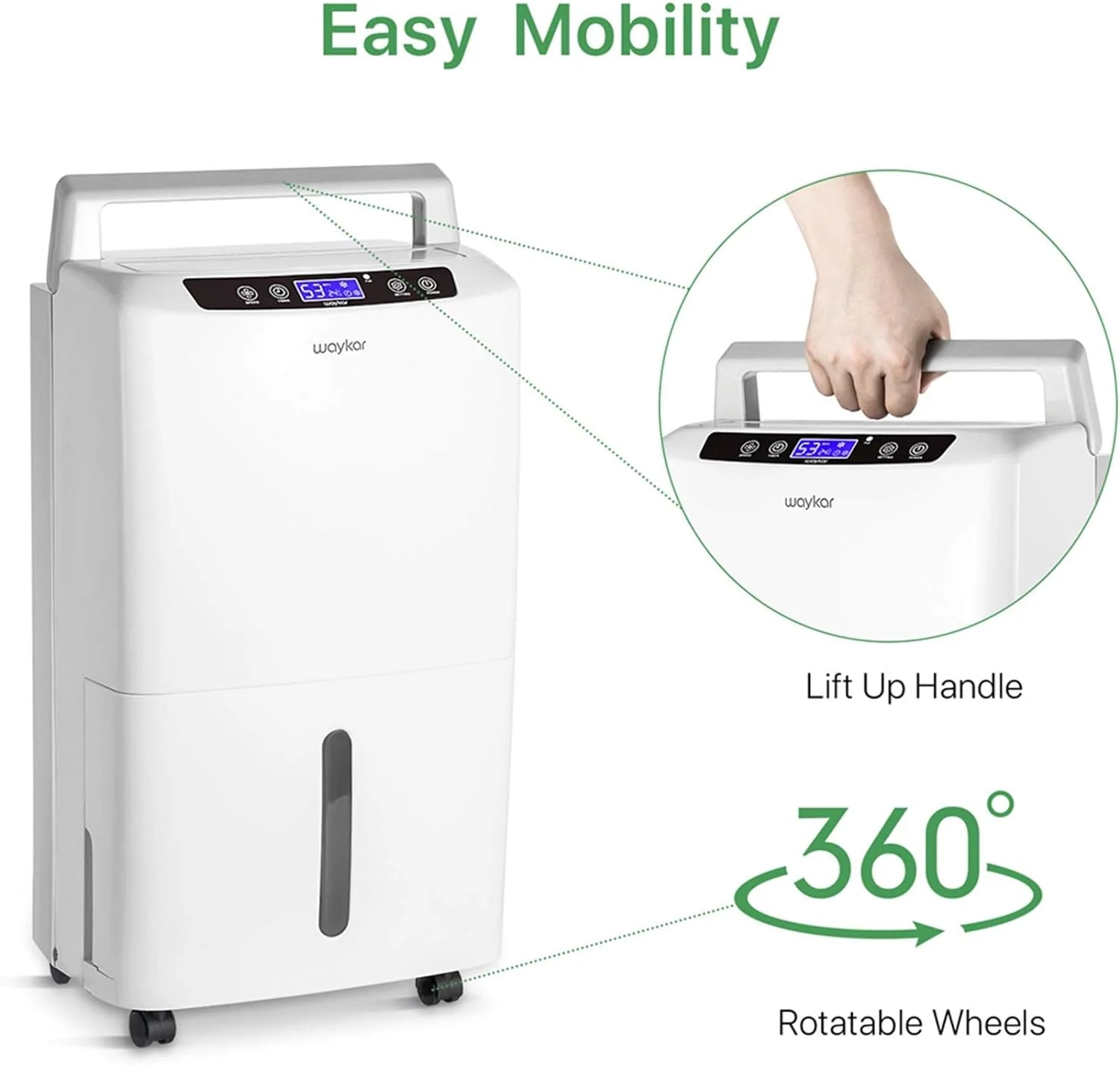 Waykar 2000 Sq. Ft Dehumidifier for Home and Basements, with Auto or Manual Drainage, 0.66 Gallon Water Tank Capacity