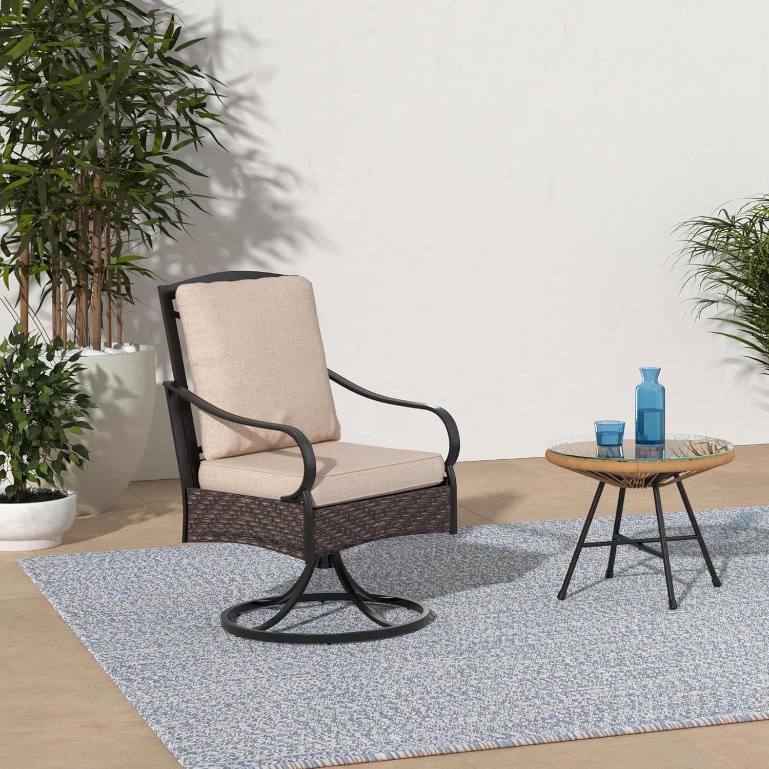 PHI VILLA 6-Piece Outdoor Dining Sets, All-Weather Patio Table and Chairs Set with Umbrella for 4, Heavy Duty Patio Round Table Set for Deck, 4 Extra Large Outdoor Swivel Chairs with Thick Cushions