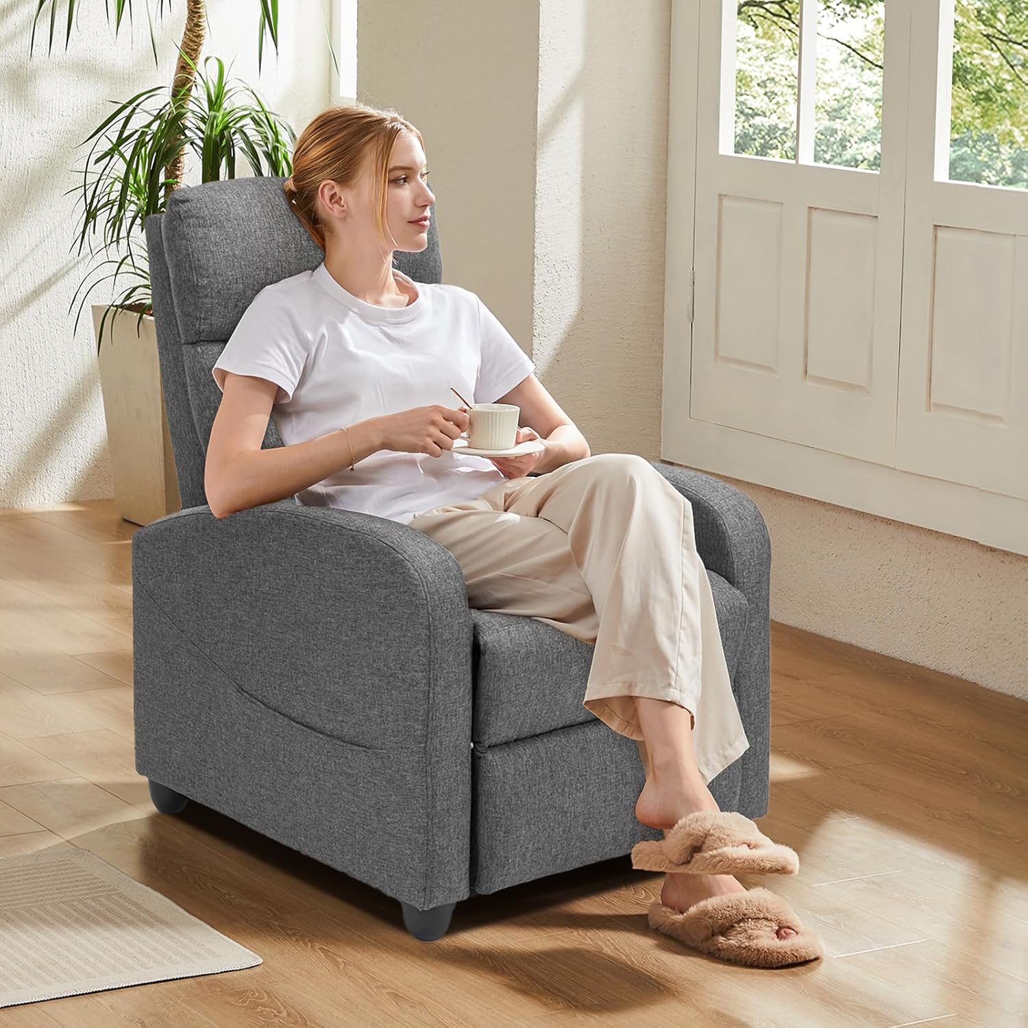 Sweetcrispy Massage Recliner Chair for Adults, Adjustable Home Theater Seating with Lumbar Support for Living Room, Modern Fabric Reclining, Light Grey