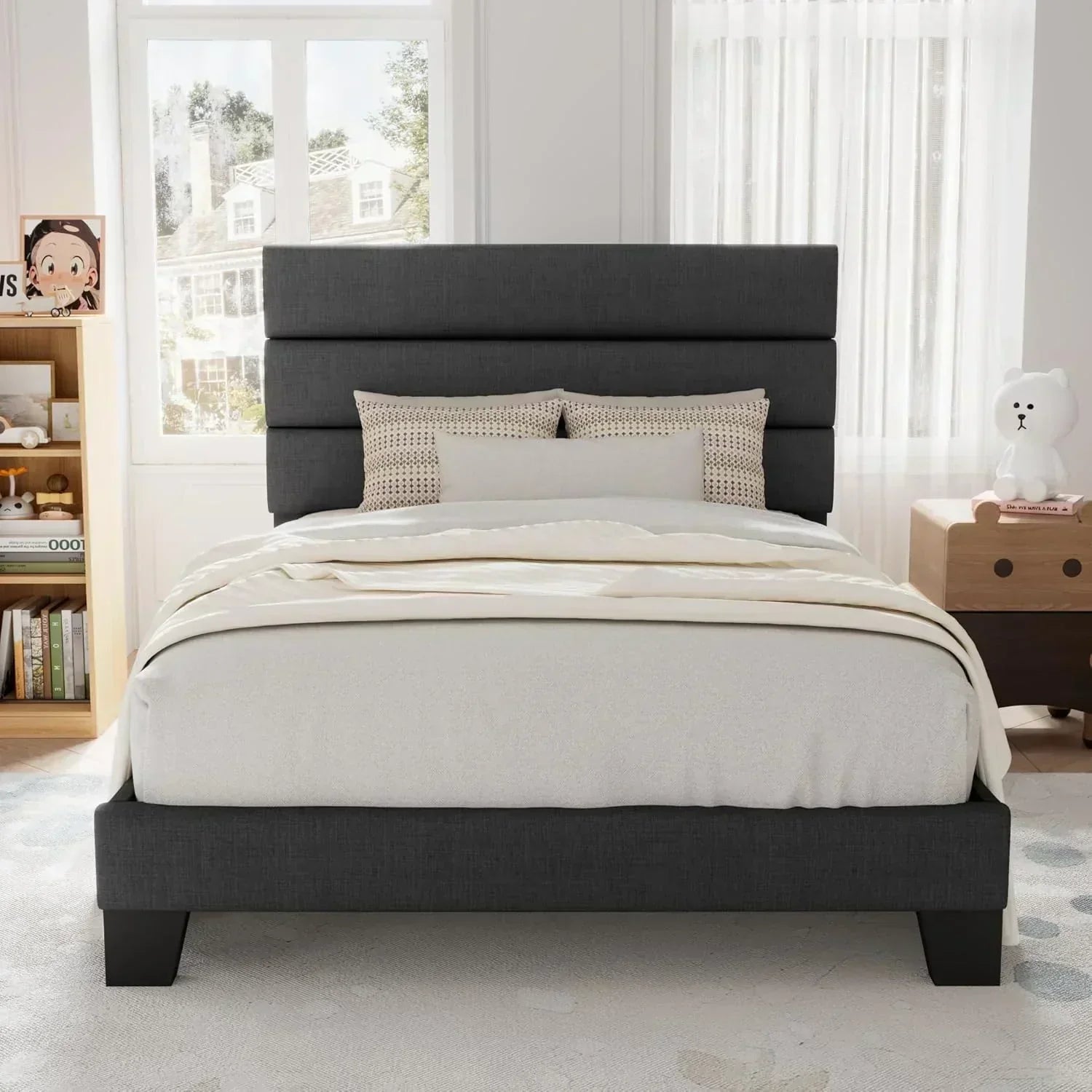 Allewie Queen Size Platform Bed Frame with Fabric Upholstered Headboard Wooden Slats Support