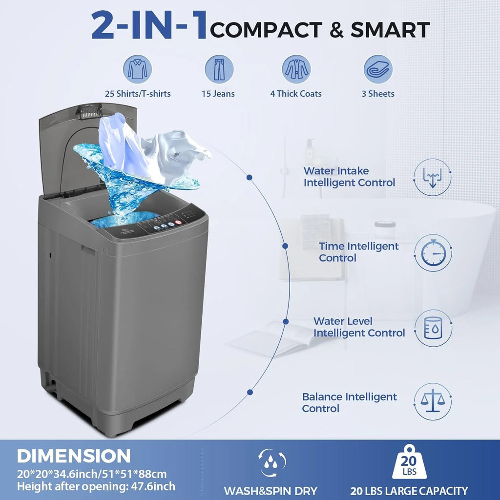 Nictemaw Portable Washing Machine, 20Lbs Capacity Full-Automatic Portable Washer Machine, 2.8Cu.ft Washer and Dryer Combo with Drain Pump, 10 Programs & 8 Water Levels for Apartment, Dorms, RV