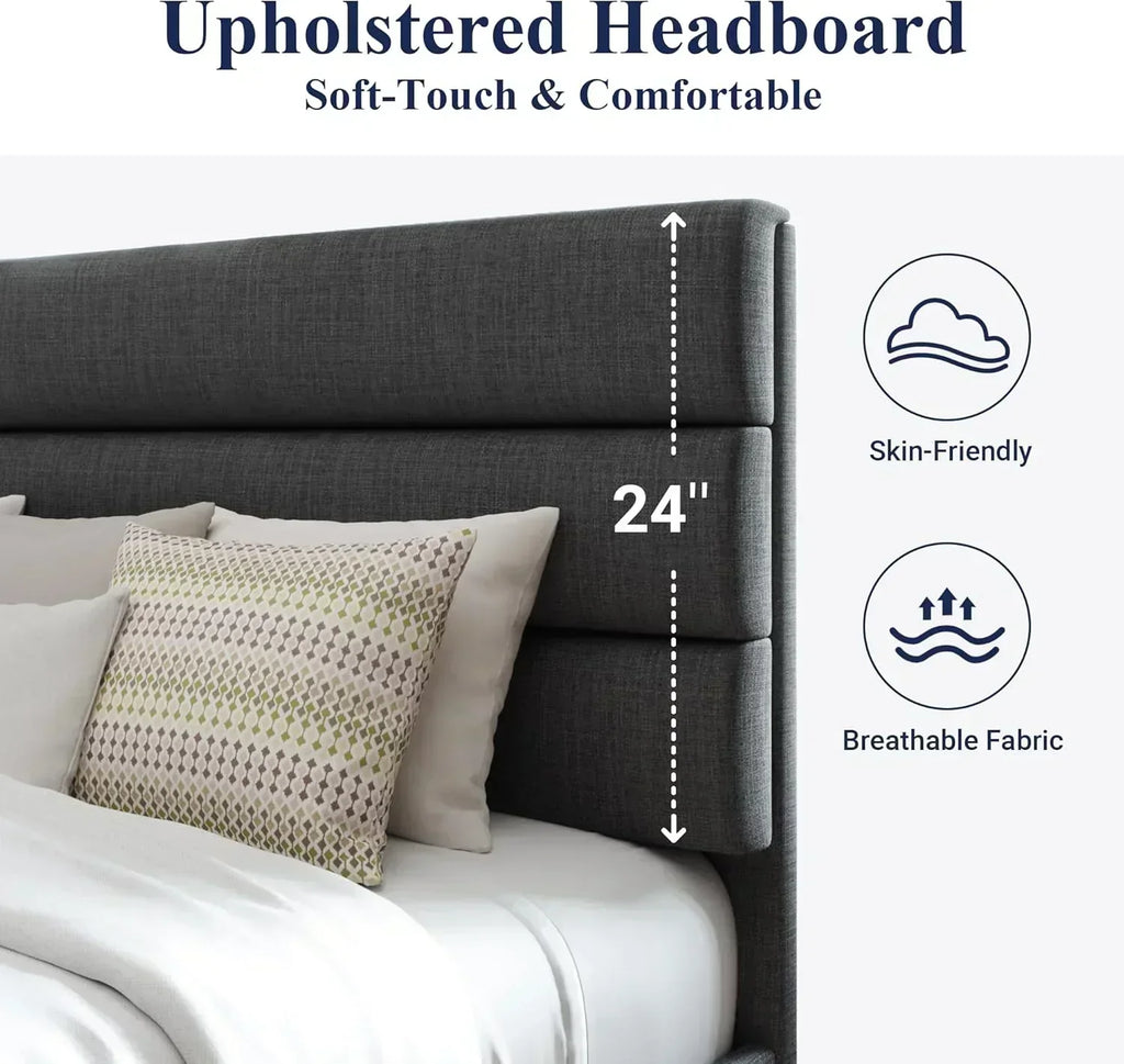 Allewie King size platform bed frame with velvet upholstered headboard and planks