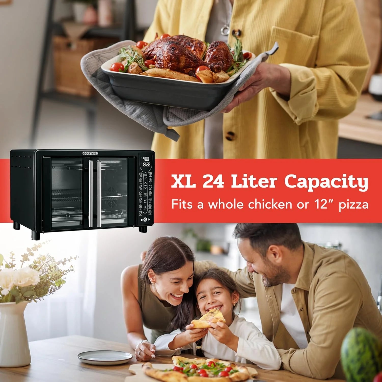 Gourmia Oven Air Fryer Combo with 17 Cooking Presets, 24L Capacity, Convection Rack, Baking Tray, Recipe Book GTF7460