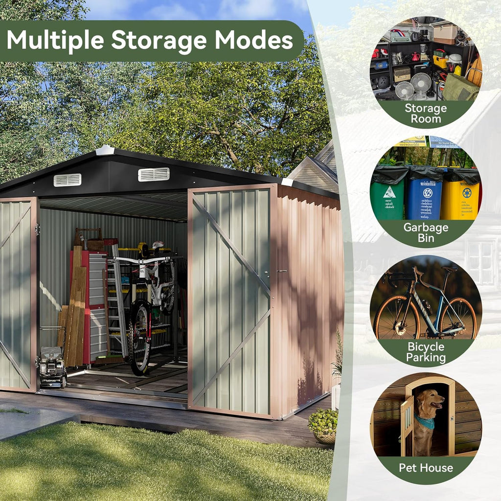 Aoxun 12x10 FT Shed Metal Outdoor Waterproof Storage Shed Steel Utility Garden Tool Shed with Door & Lock Outdoor Storage for Garden Patio Lawn Poolside, Brown