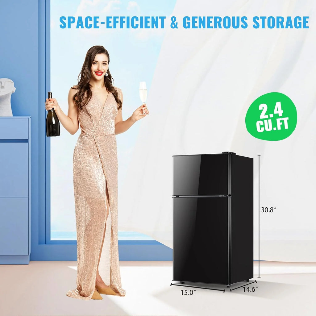 2.4 Cu.Ft Mini Fridge with Freezer & Double Door Small Tiny Size Refrigerator with 7 Temperature Control Knob Only Suitable for One Person Use Black