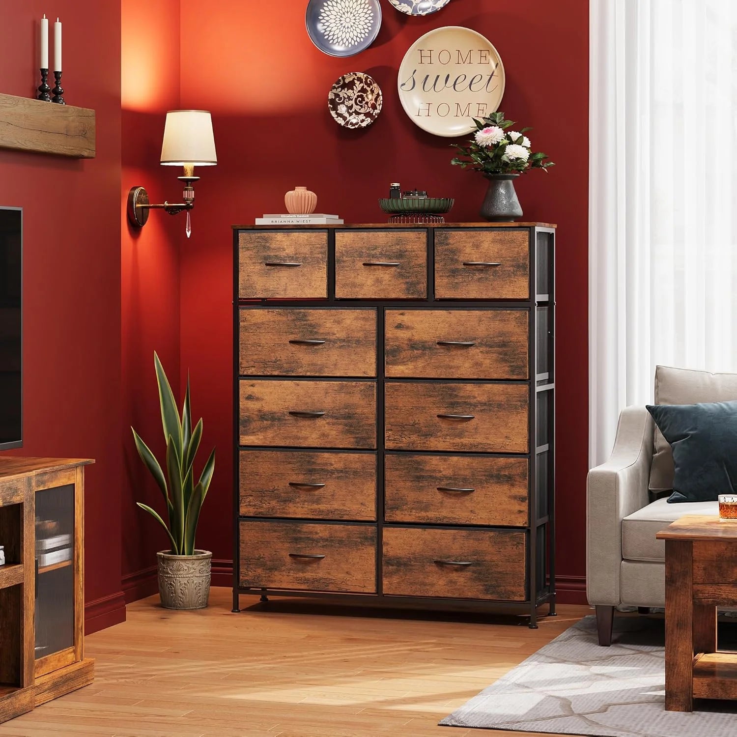 Storage Organizer Unit with 11 Fabric Bins, Storage Drawers Organizer with Steel Frame, Tall Storage Tower Organizaton