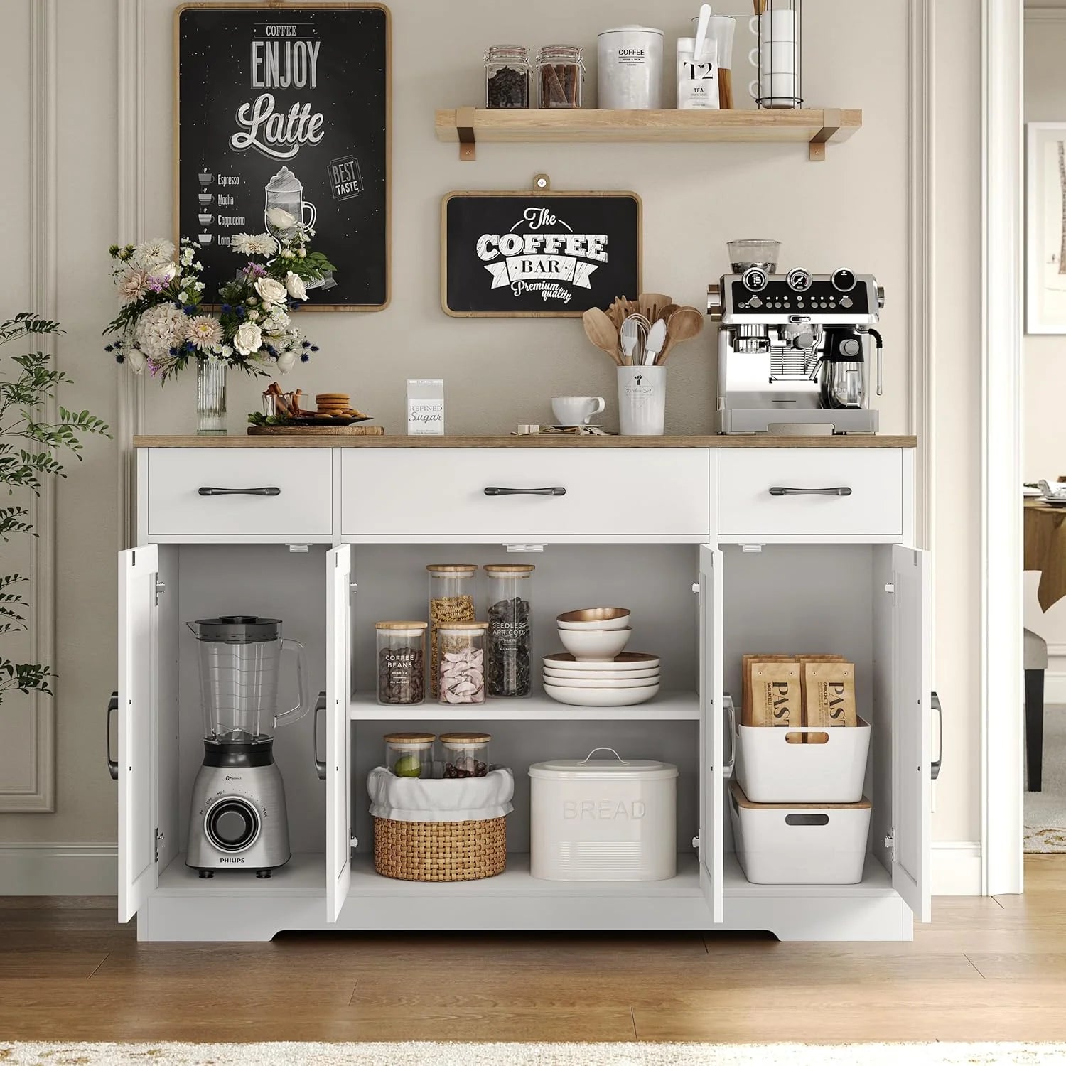 Sideboard with drawers, large 55-inch sideboard, sideboard storage with shelves and doors, modern farmhouse coffee bar wood kitchen dining table