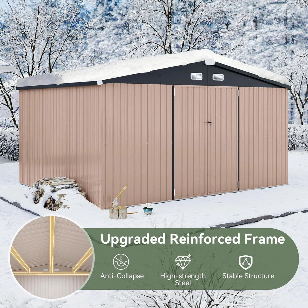 Aoxun 12x10 FT Shed Metal Outdoor Waterproof Storage Shed Steel Utility Garden Tool Shed with Door & Lock Outdoor Storage for Garden Patio Lawn Poolside, Brown