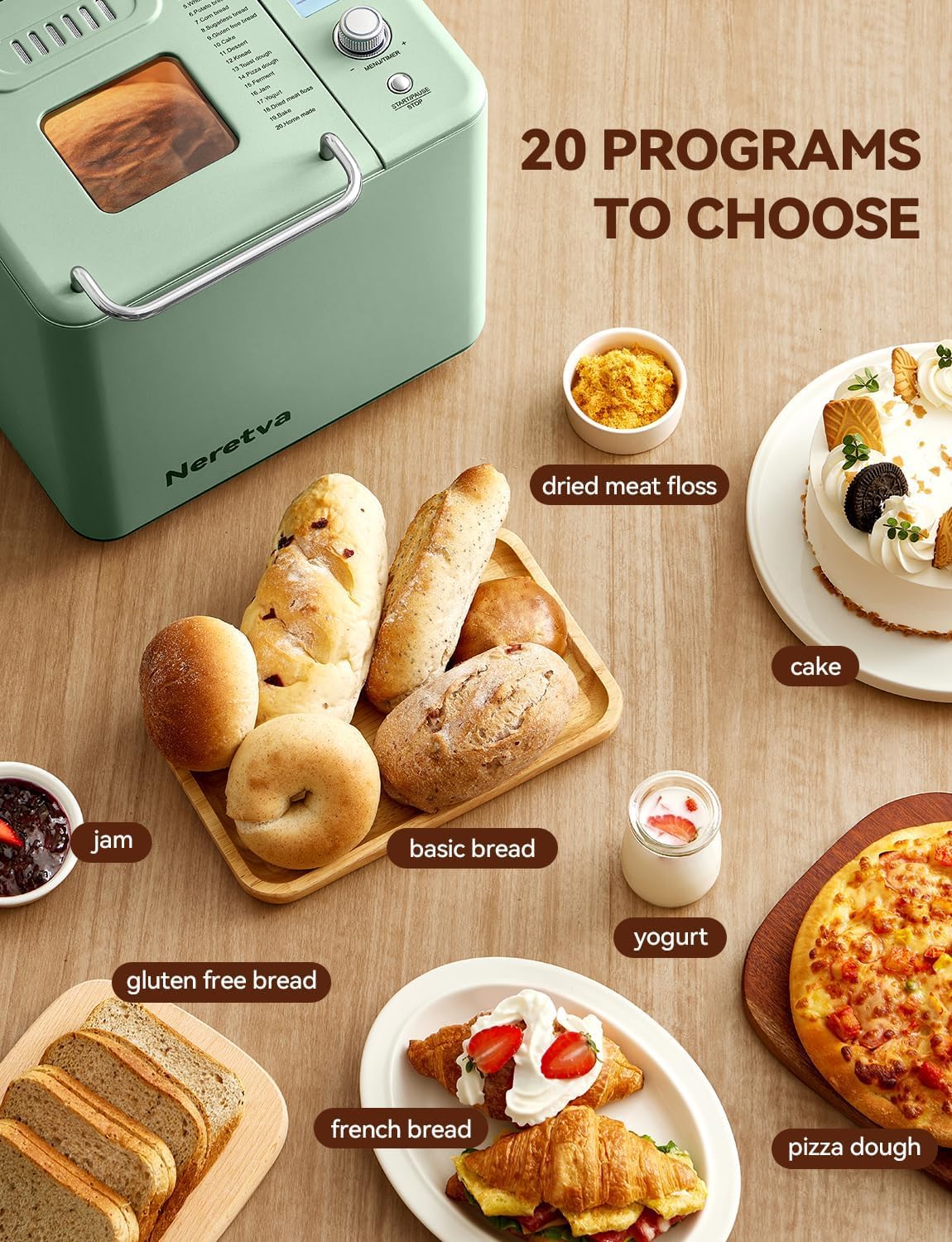 Neretva Bread Maker, 20-IN-1 2LB Bread Machine Dual Heater Bread Maker Machine Automatic with Nonstick Ceramic Pan, 15H Timer & 1H Keep Warm Set, Low Noise, Stainless Steel Breadmaker Recipe-Green