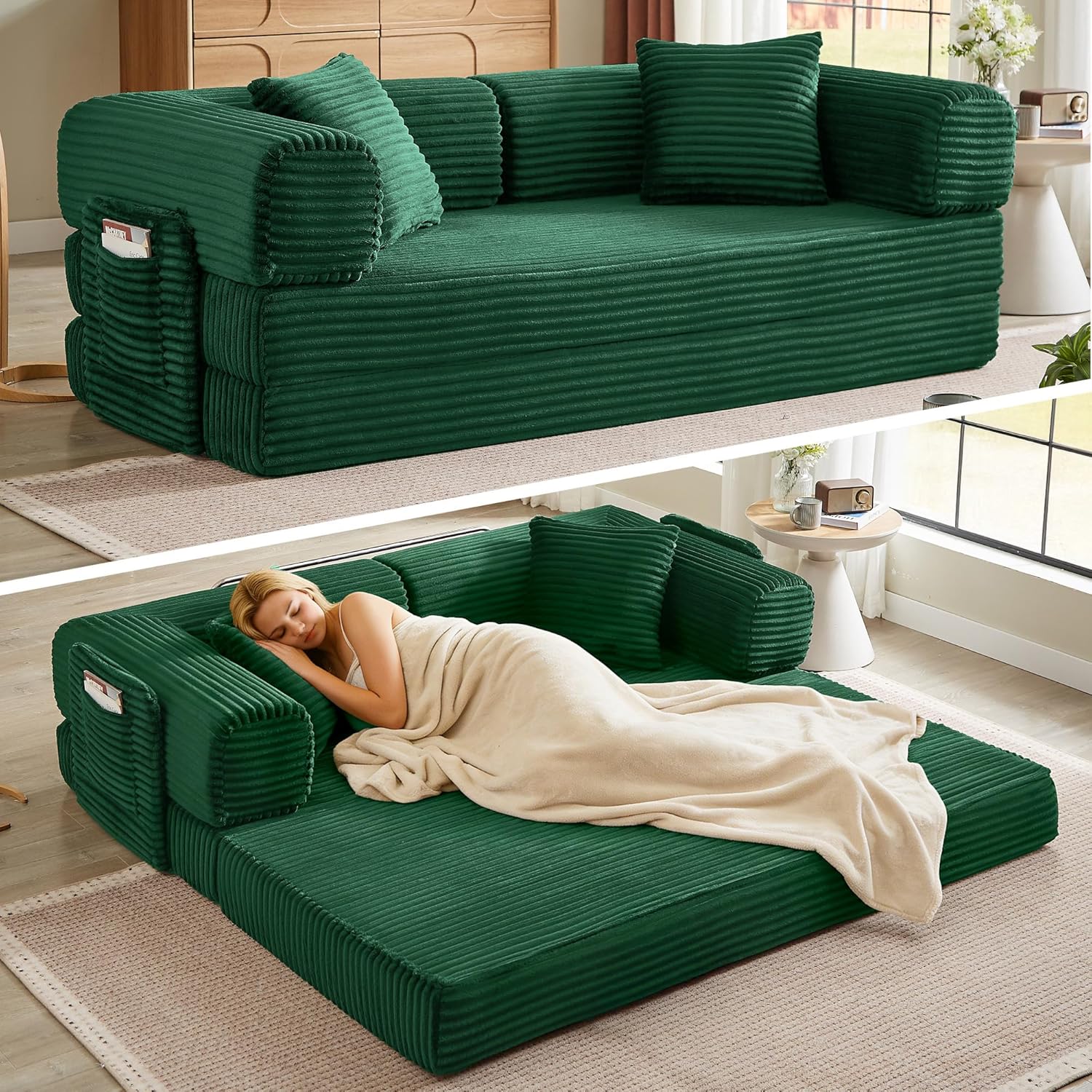 Boneless Couch Folding Couches for Living Room Sofa, Futon Sofa Bed with Sleeper Sofa, Futon Couch with Fixed-Shape Oversized Corduroy Upholstered (White, 81 Inches)