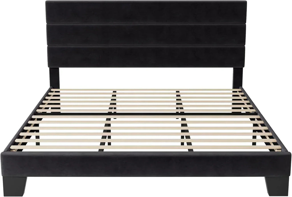 Allewie King size platform bed frame with velvet upholstered headboard and planks