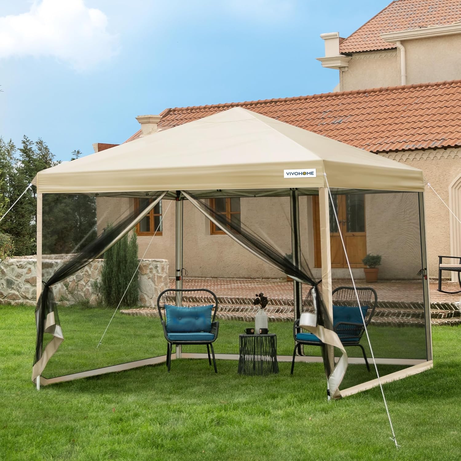 10x10ft Easy Pop-Up Canopy, Outdoor Screen Tent with Mosquito Netting, 2 Zipper Doors, and Roller Bag for Yard Camping Picnic Party Events, Beige