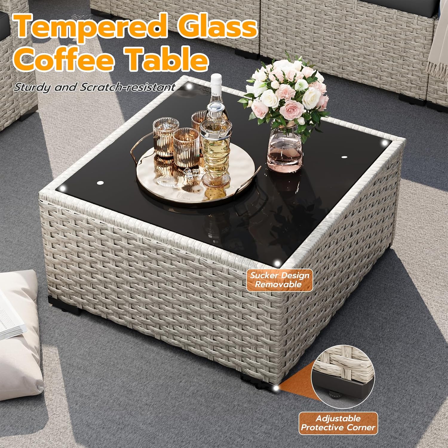 UDPATIO Outdoor Patio Furniture Set, 7-Piece PE Wicker Sectional Sofa with Tea Table, Outdoor Conversation Set