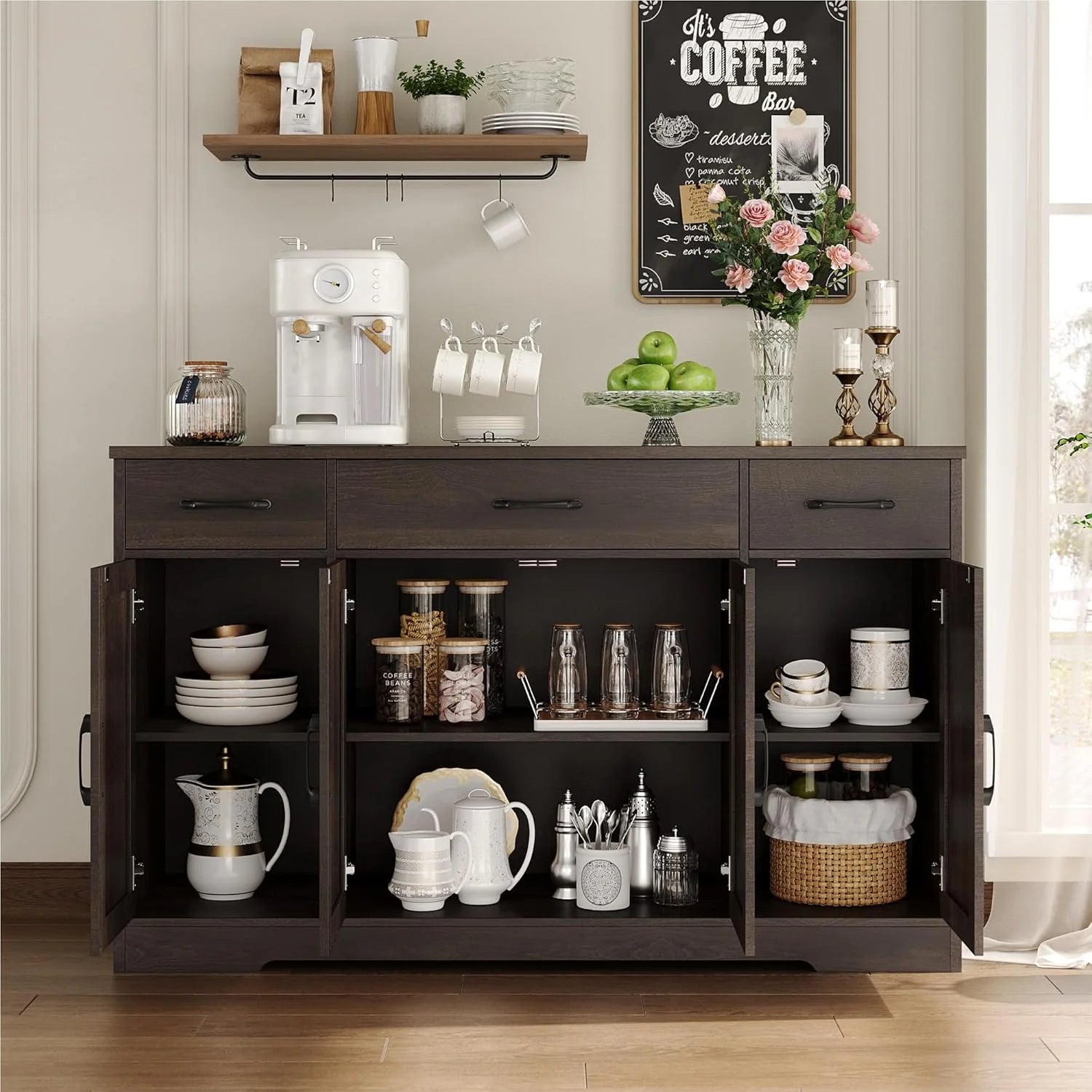 Sideboard with drawers, large 55-inch sideboard, sideboard storage with shelves and doors, modern farmhouse coffee bar wood kitchen dining table