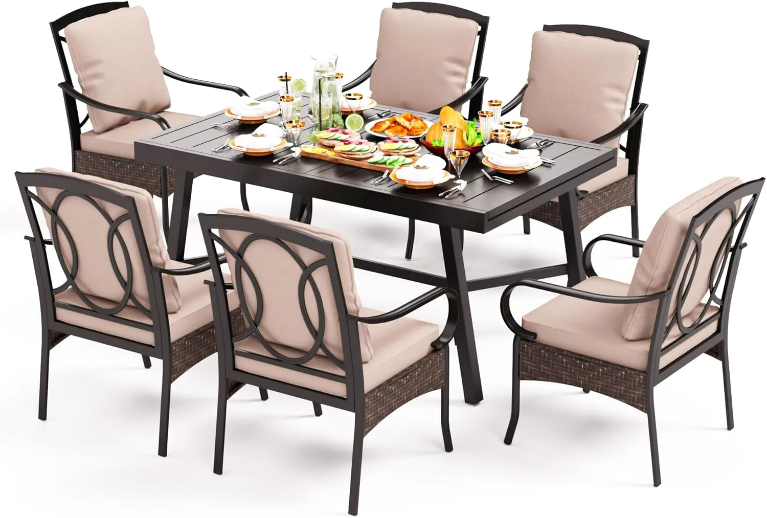 PHI VILLA 6-Piece Outdoor Dining Sets, All-Weather Patio Table and Chairs Set with Umbrella for 4, Heavy Duty Patio Round Table Set for Deck, 4 Extra Large Outdoor Swivel Chairs with Thick Cushions
