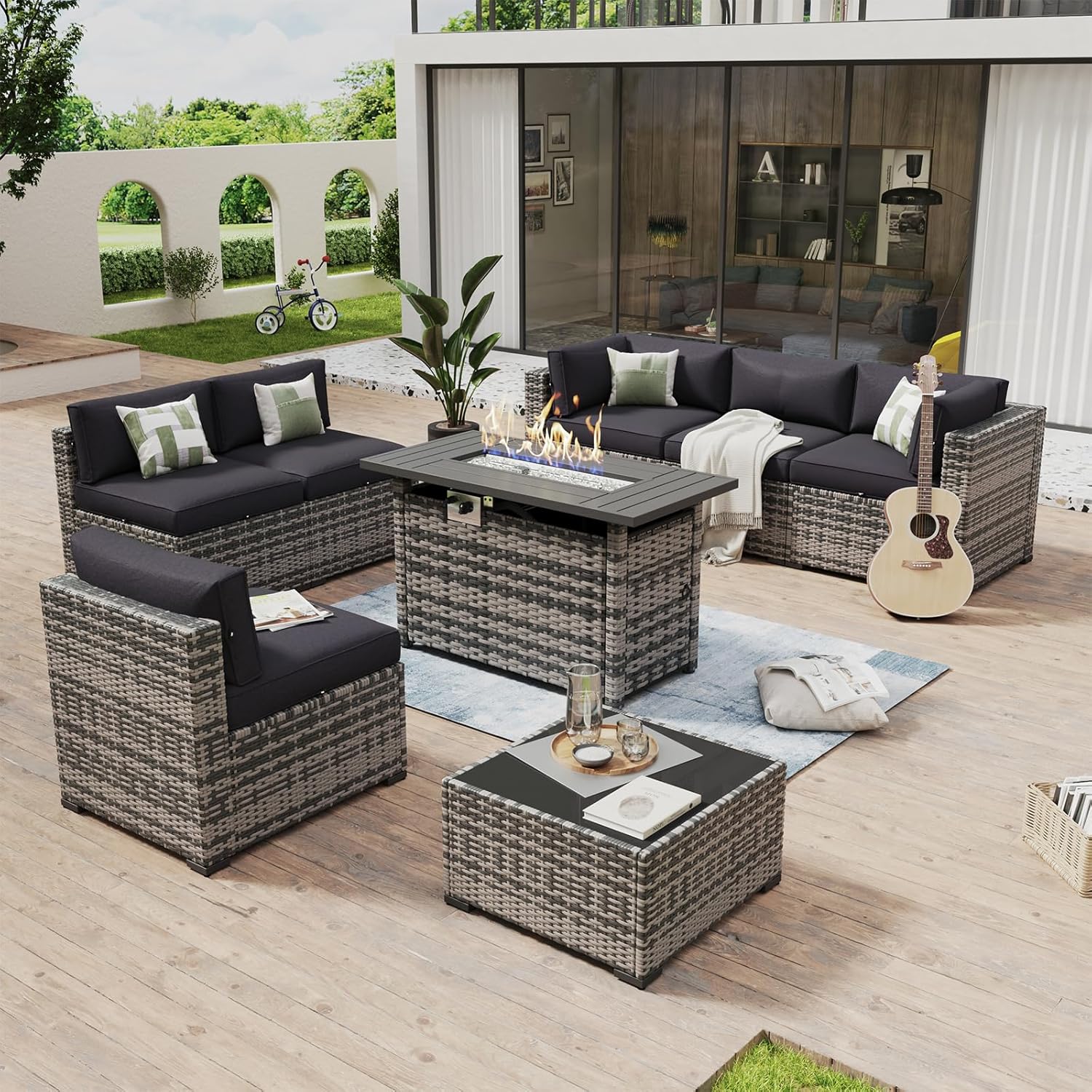 Aoxun 8 Piece Patio Furniture Set with 44?Fire Pit Table Wicker Rattan Outdoor Sectional Sofa Set with Coffee Table and Thickened Cushions, Beige (Waterproof Cover Included)