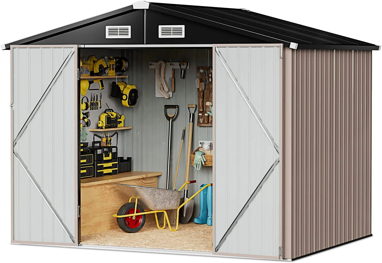 Aoxun 12x10 FT Shed Metal Outdoor Waterproof Storage Shed Steel Utility Garden Tool Shed with Door & Lock Outdoor Storage for Garden Patio Lawn Poolside, Brown