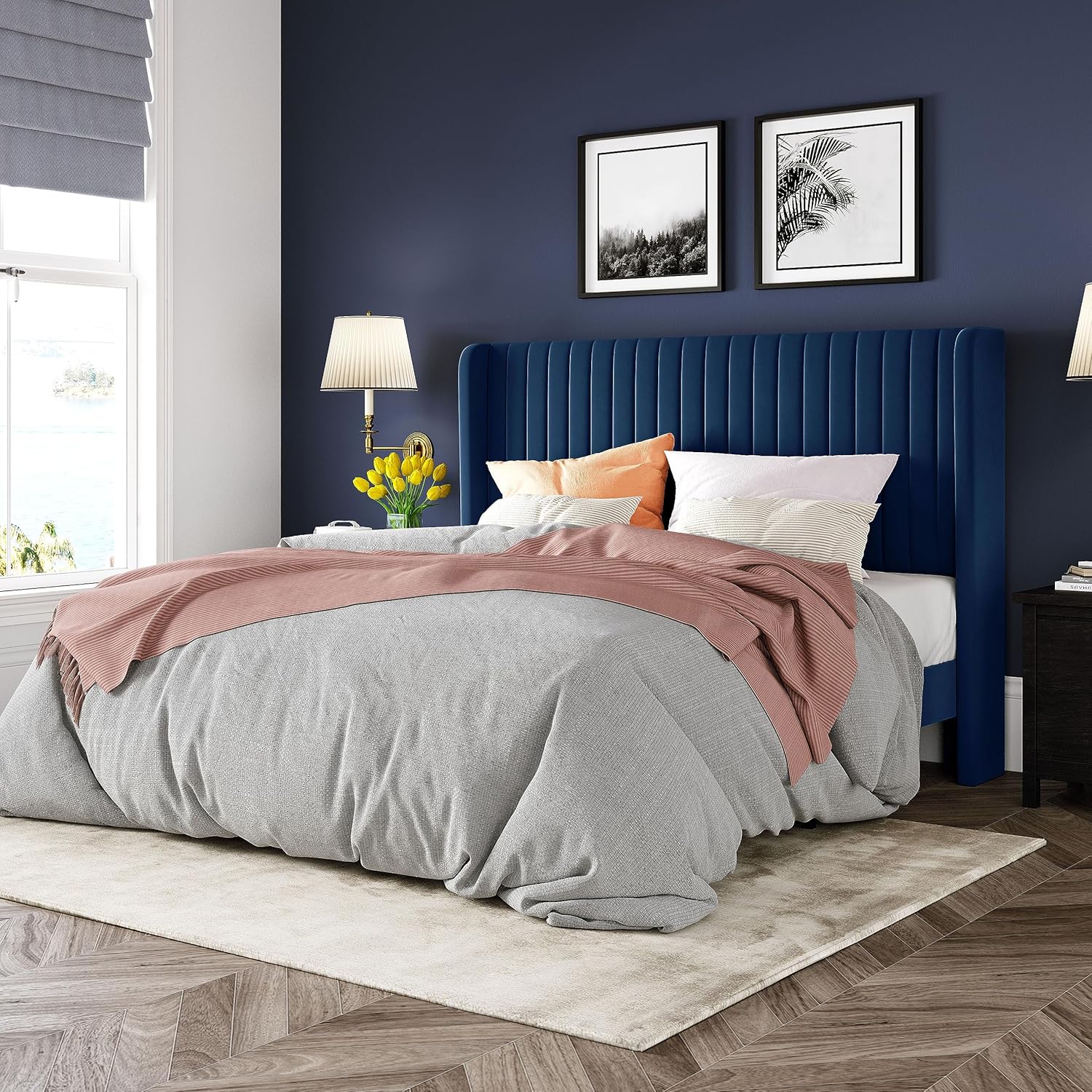 Allewie Full Size Velvet Bed Frame Vertical Channel Tufted Wingback Headboard Upholstered Bed