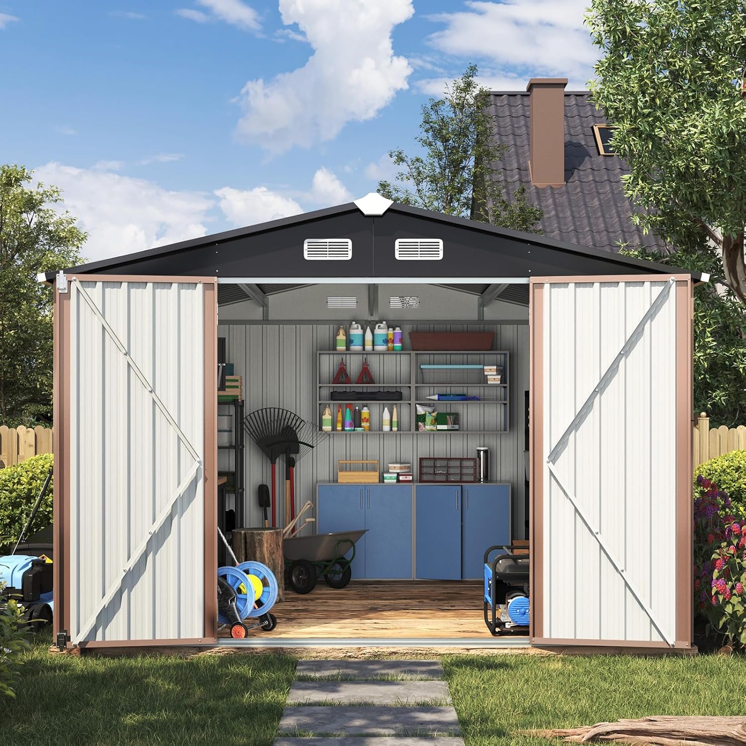Aoxun 12x10 FT Shed Metal Outdoor Waterproof Storage Shed Steel Utility Garden Tool Shed