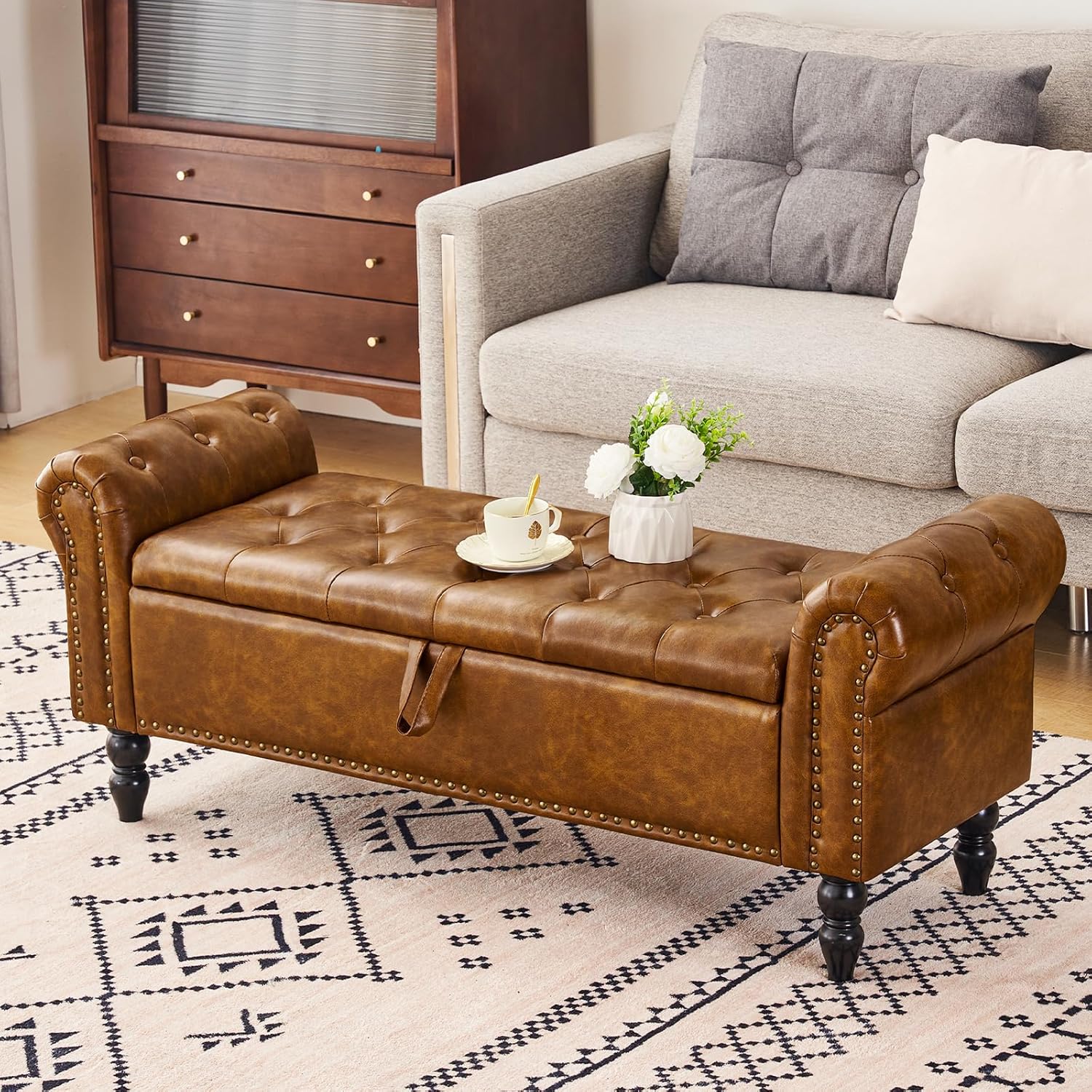 Furniliving Modern Storage Ottoman Bench, Sherpa Ottoman End of Bed Bench with Solid Wood Legs Upholstered Ottoman Benches with Storage Indoor Bench