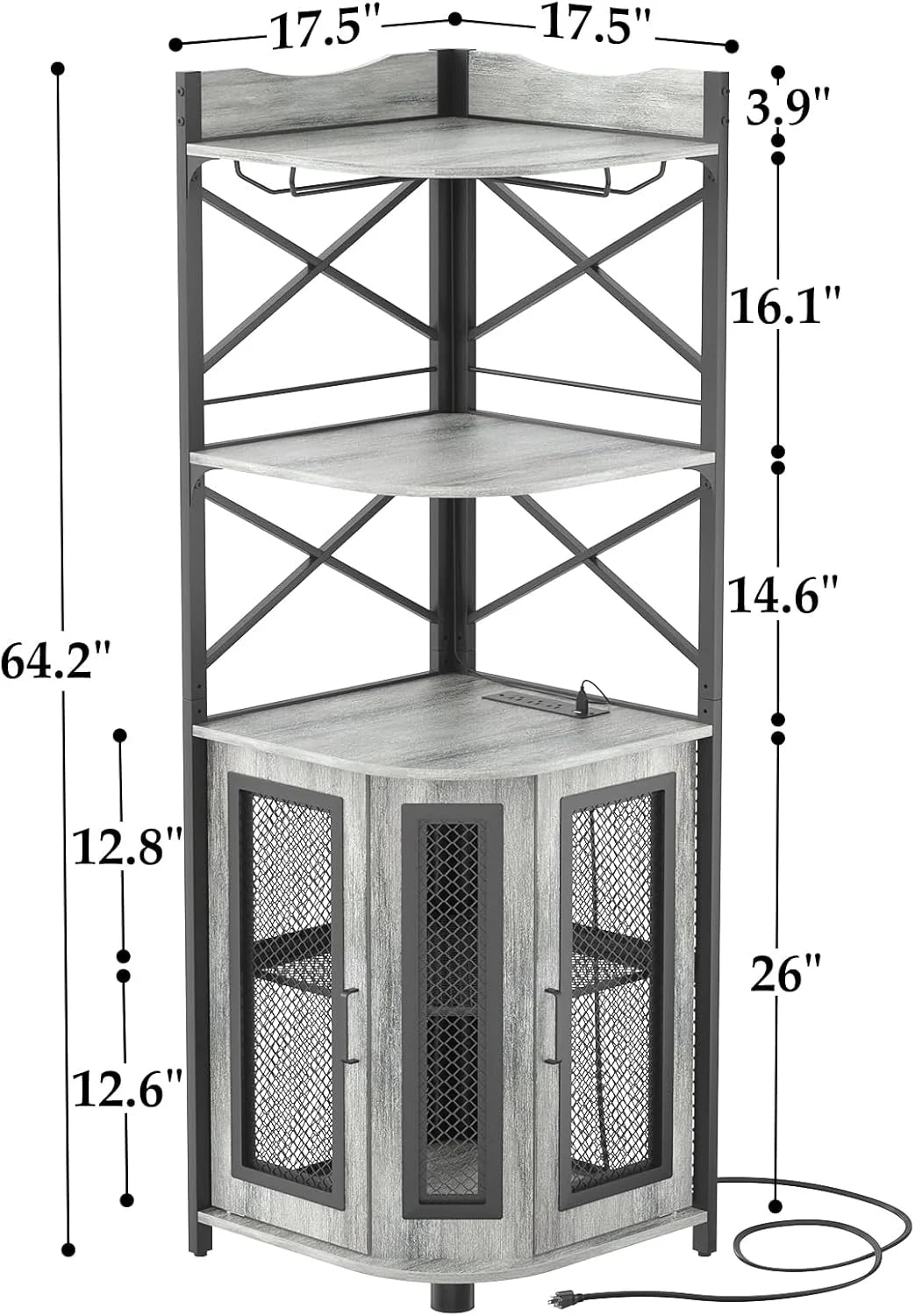 Aheaplus Corner Bar Cabinet with Power Outlet, Industrial Wine Cabinet with LED Strip and Glass Holder, 5-Tiers Liquor Cabinet Bar Unit for Home, Corner Display Cabinet for Small Space, White Oak