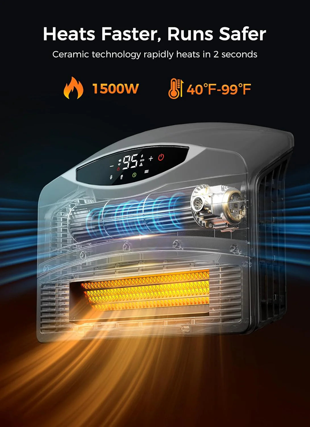 Wall mounted electric heater with WiFi and remote control, floor standing heater 1500W fast coverage for large rooms