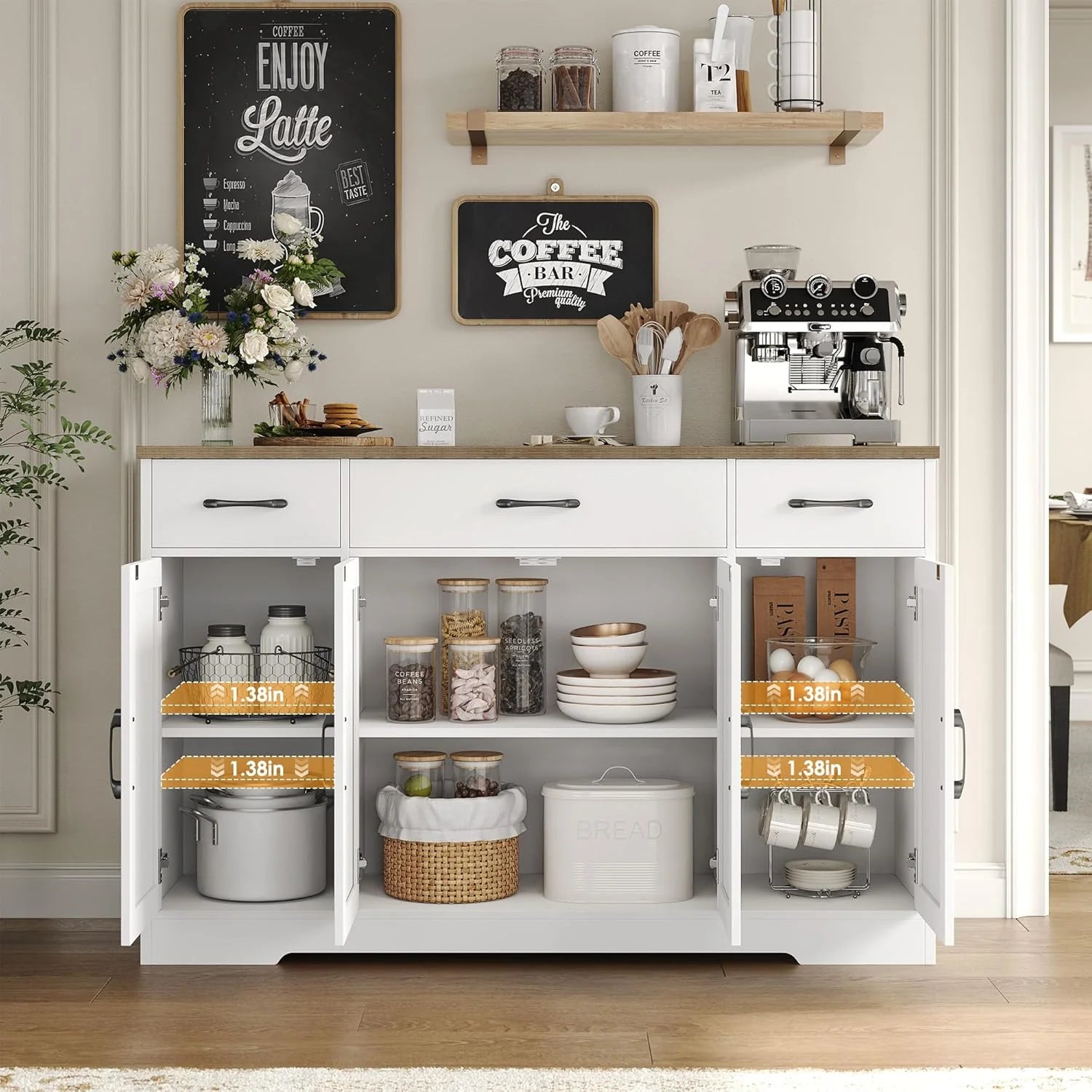 Sideboard with drawers, large 55-inch sideboard, sideboard storage with shelves and doors, modern farmhouse coffee bar wood kitchen dining table