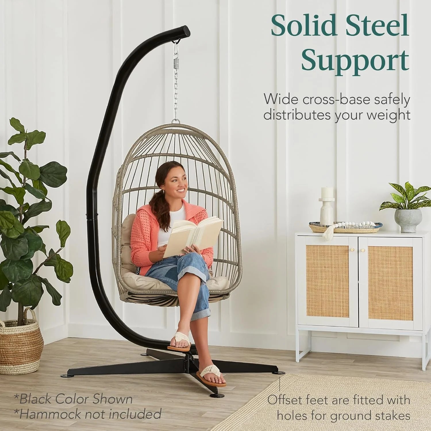 Best Choice Products Metal Hanging Hammock C-Stand for Chair/Weather-Resistant Finish, Offset Base - Stand Only - Black