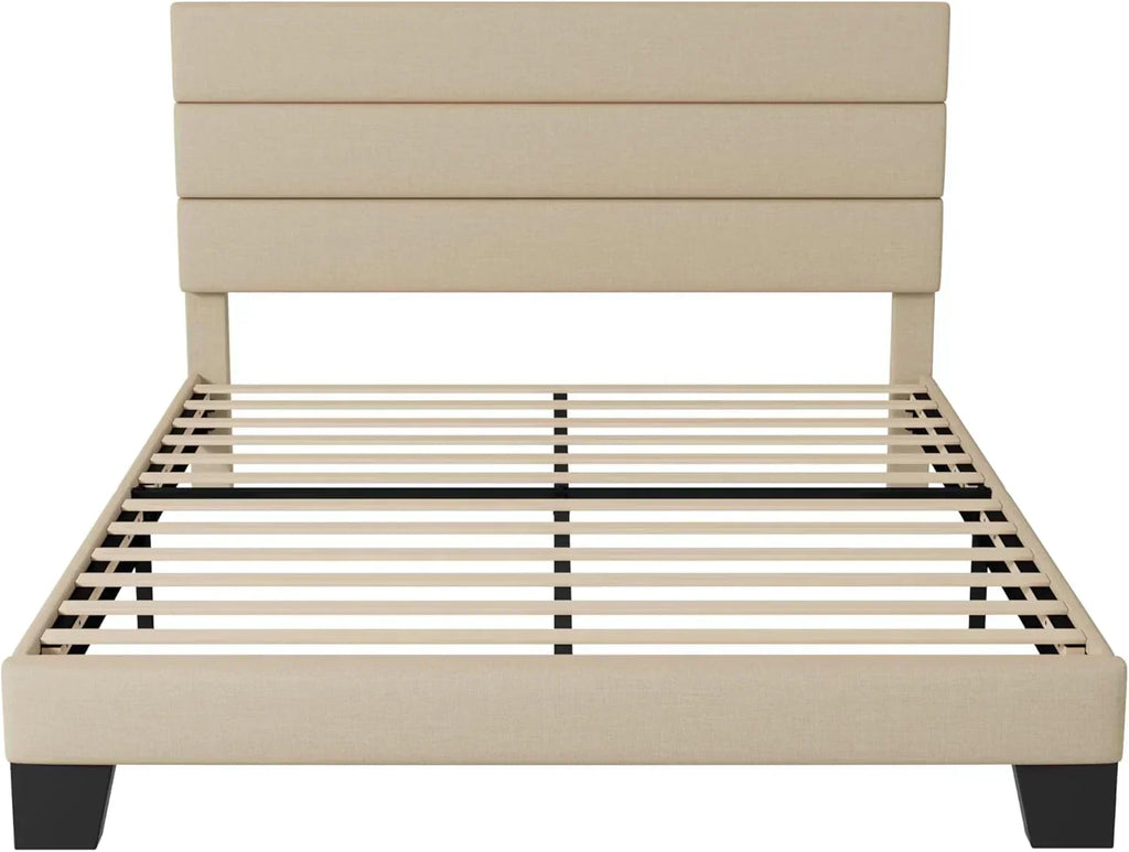 Allewie Queen Size Platform Bed Frame with Fabric Upholstered Headboard Wooden Slats Support