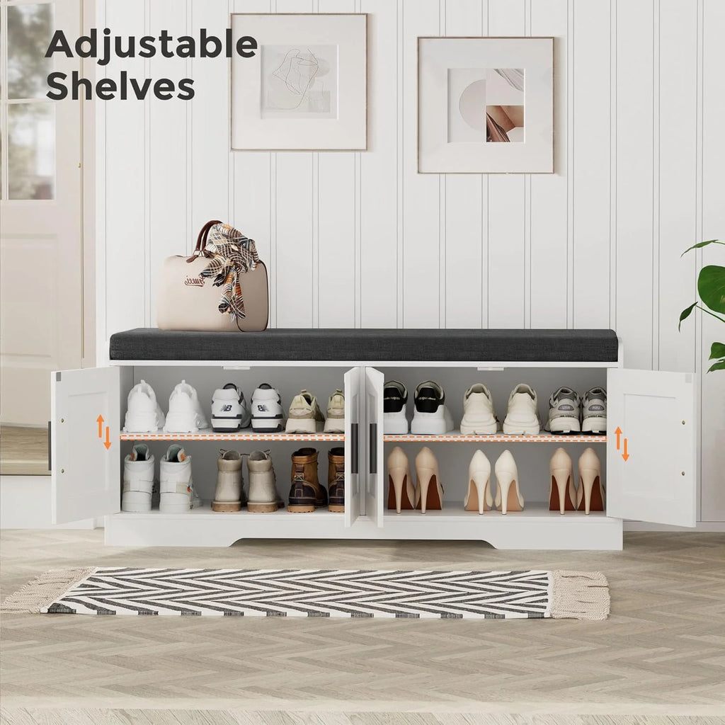 2-Tier Storage Bench, Shoe Bench with Thickened Padded Seat Cushion, Entryway Bench with 4 Doors, Adjustable Shelf