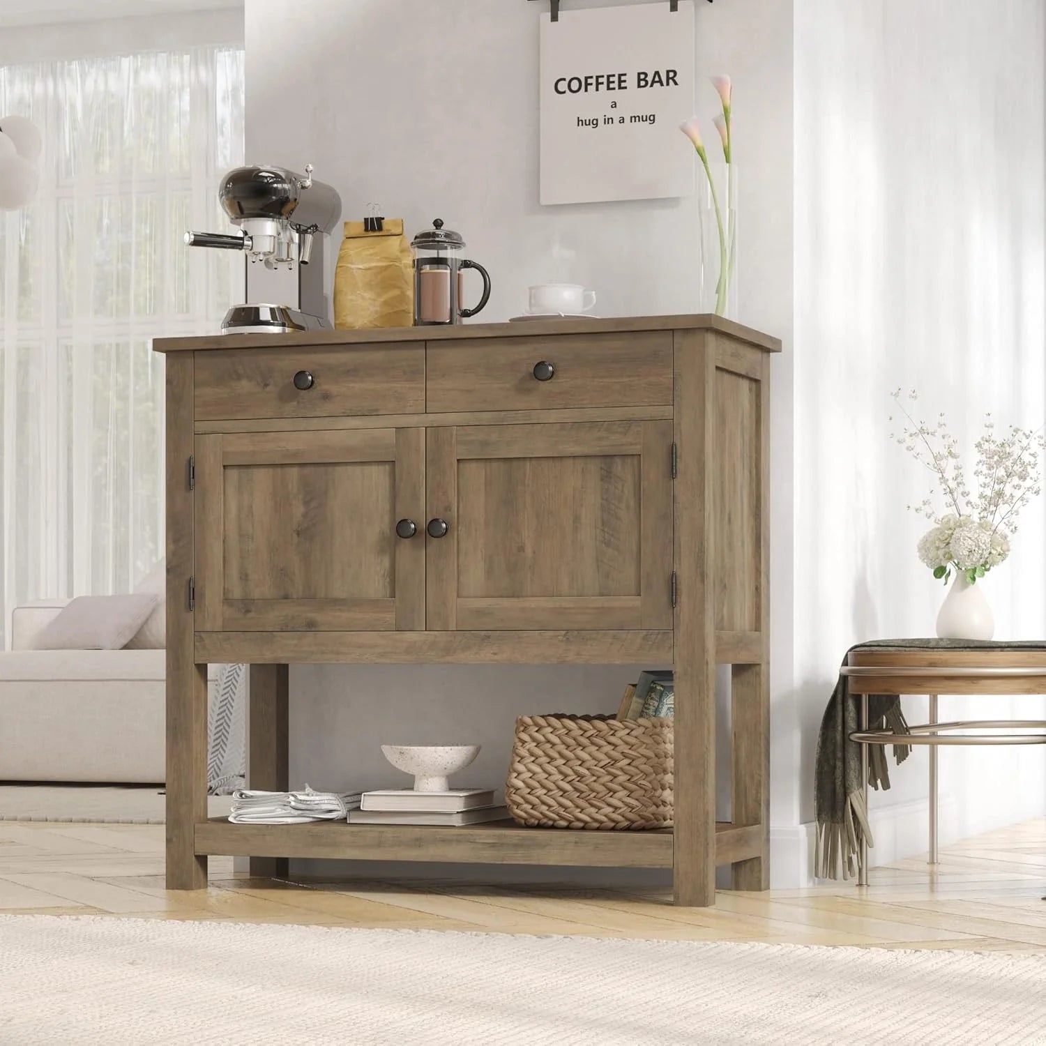 Farmhouse style console table coffee bar, entry table with storage rack, sofa table buffet sideboard