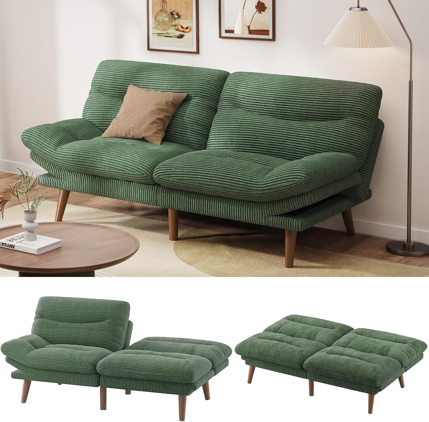 Convertible Futon Sofa Bed, 66 Inch Corduroy Futon Sofa Recliner Sofa Bed for Small Spaces, Playrooms or Offices