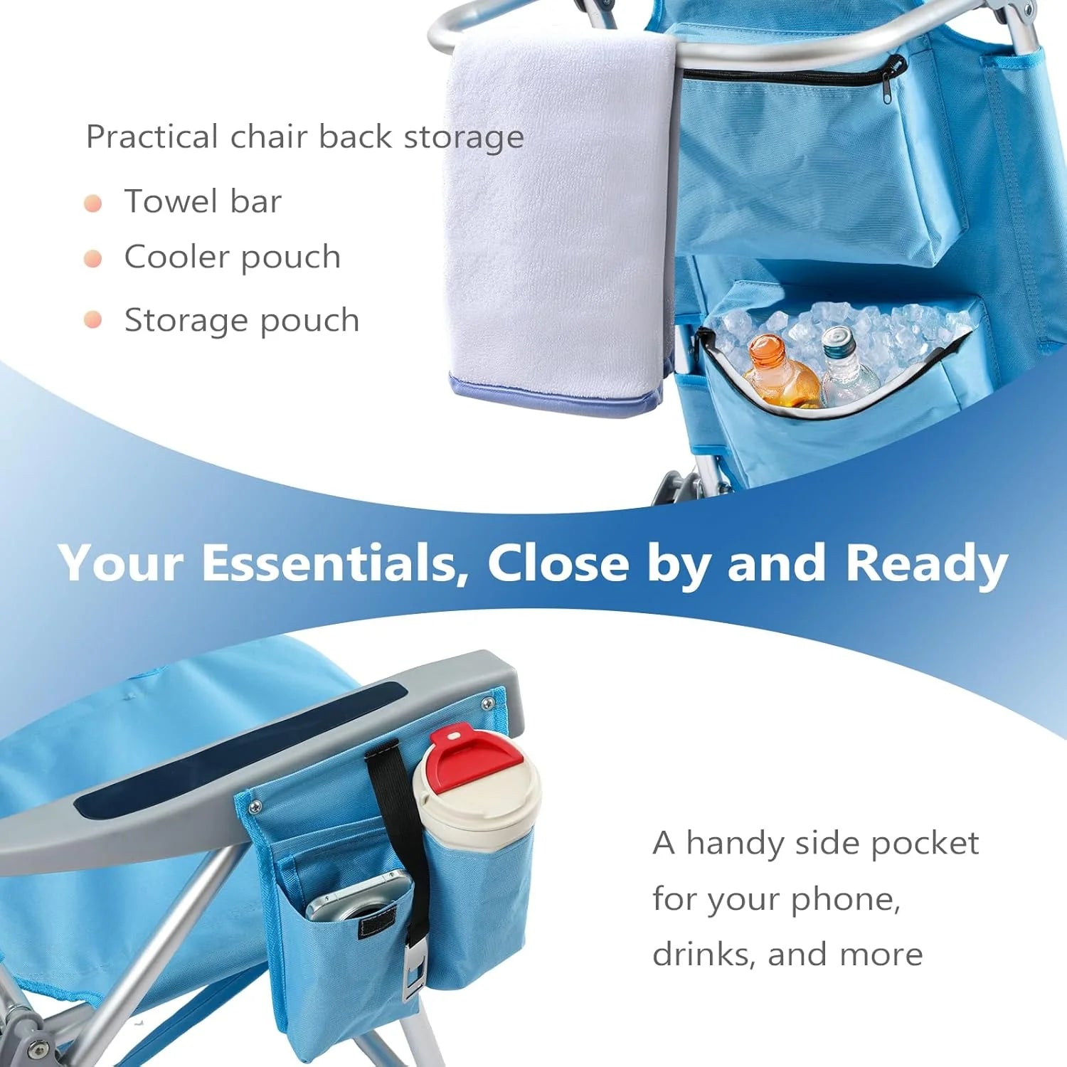5-Position Aluminum Lay Flat Tall Backpack Beach Chairs 2 Pack Compact Portable Beach Chairs for Adults with Cooler Pouch, Storage Pouch, Towel Bar, Cup Holder & Phone Holder, Blue Stripe
