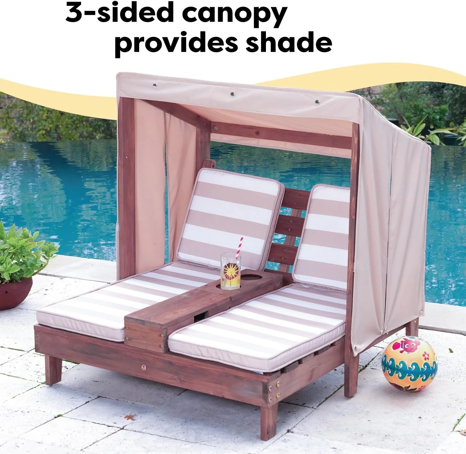 KidKraft Wooden Outdoor Double Chaise Lounge with Cup Holders, Kid's Patio Furniture, Honey with Navy and White Striped Fabric, Gift for Ages 3-8