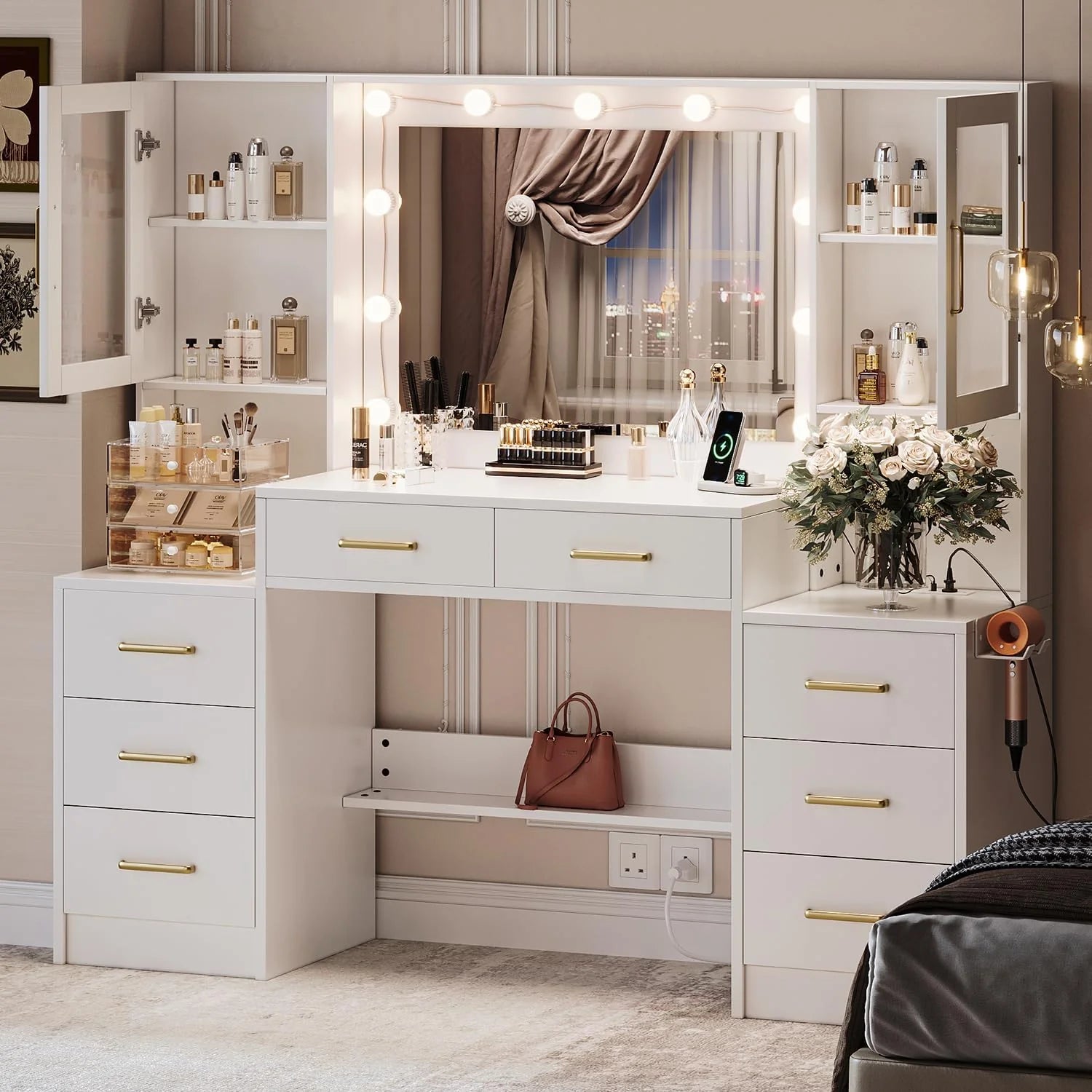 Black Vanity Desk with Mirror, Lights & Charging Station, 58.3 3 Lighting Modes