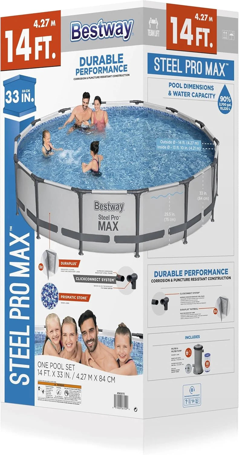 Steel Pro MAX 10 Foot x 30 Inch Round Metal Frame Above Ground Outdoor Backyard Swimming Pool Set with 330 GPH Filter Pump