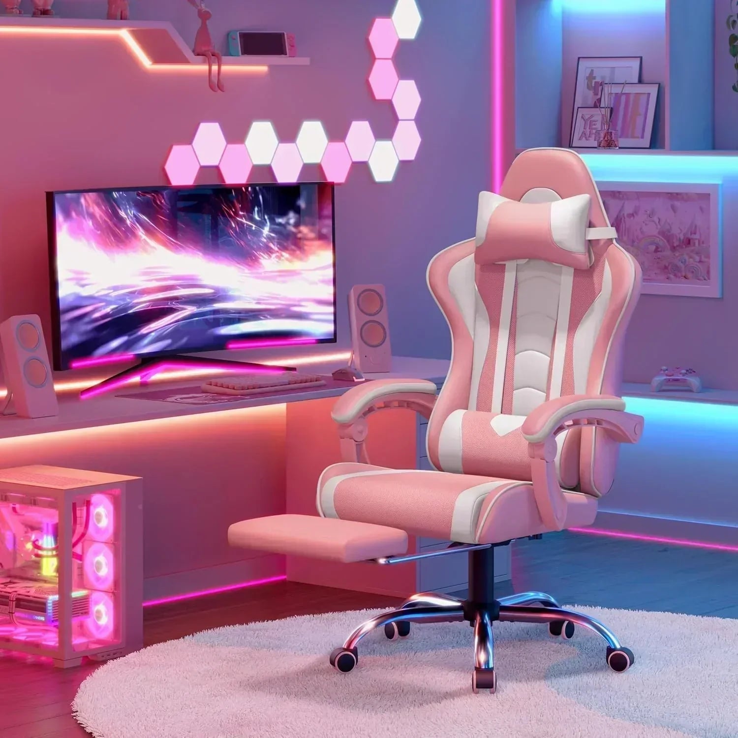 Gaming Chair with Massage Lumbar Support and Footrest Height Office Gaming Chair