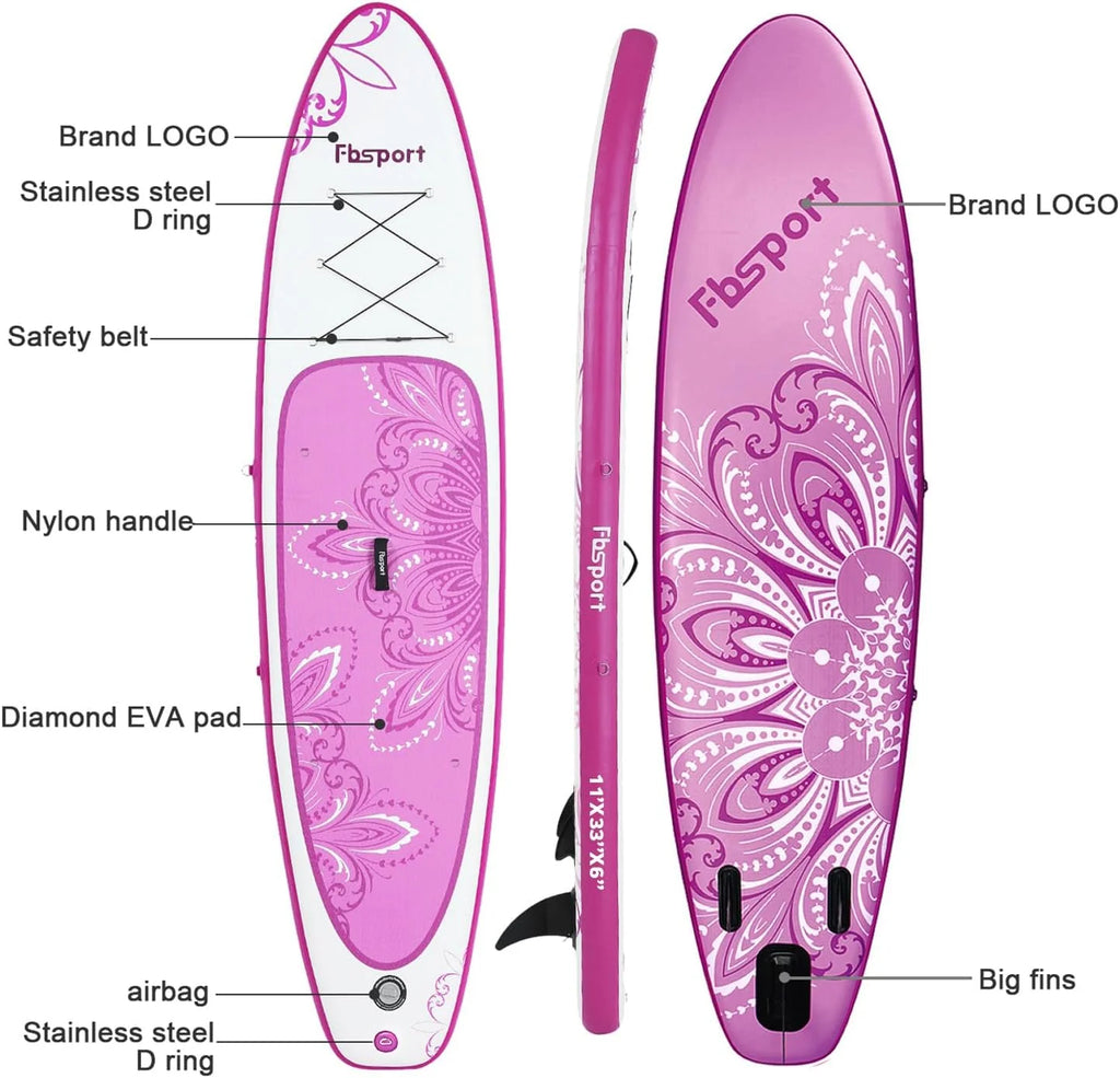 FBSPORT 11' Premium Stand Up Paddle Board, Yoga Board with Durable SUP Accessories & Carry Bag | Wide Stance, Surf Control, Non-Slip Deck, Leash, Paddle and Pump for Youth & Adult