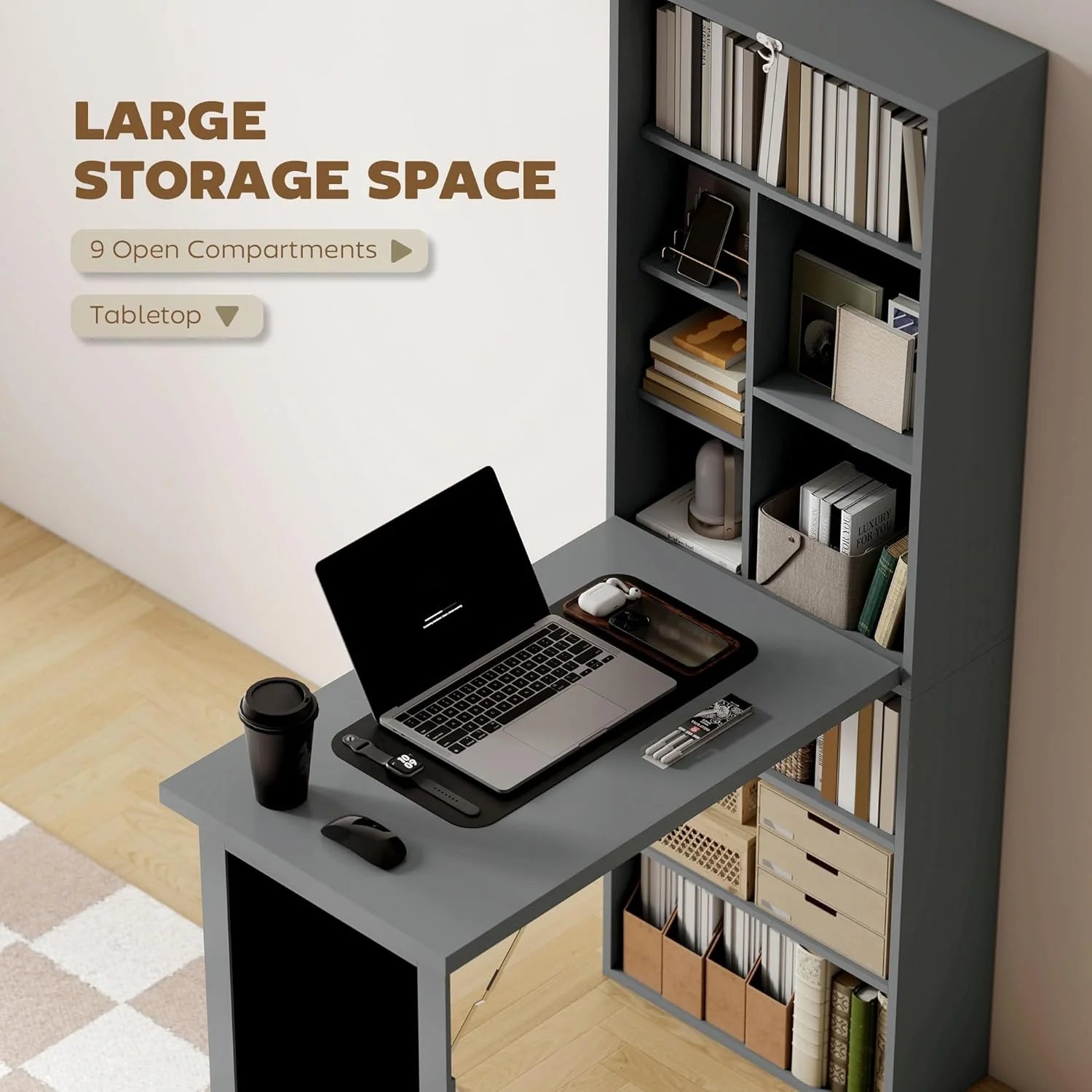 Folding convertible writing desk, wall mounted desk cabinet, multifunctional home office workstation